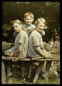 Portrait of Two Girls with Tennis Rackets and a Boy with a Tennis Ball by Anonymous