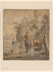 River Landscape with a Rider, Woman, and Cattle by Anonymous