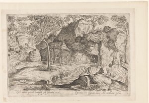 Rocky Landscape with Roof on Poles and Lion on the Right (Landscapes after Domenico Campagnola)