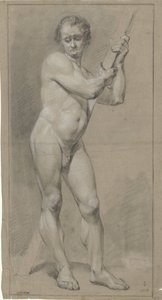 Standing Male Nude, Looking Down, Hands on a Wooden Beam by Anonymous