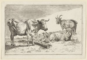 Standing Cow with Twisted Horn with a Sheep and a Goat by Anonymous