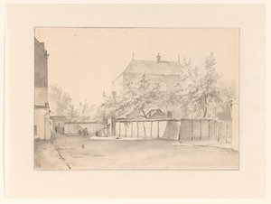 Cityscape with a Tall House Surrounded by a Stone Wall by Anonymous