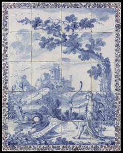 Tile Panel with a Landscape in Blue with Mythological Scene: Cyparissus Turning into a Cypress