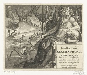 Title Page with Title and River God with Trident and Fishing Net in Landscape with Fishermen by Anonymous