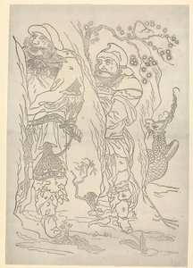Two Men Hiding Behind Rocks, Bird on the Right by Anonymous