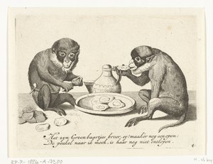 Two Monkeys Eating Oysters (Various Occupations from Human Life Represented by Monkeys) (What is it that one sees in this World? / It
