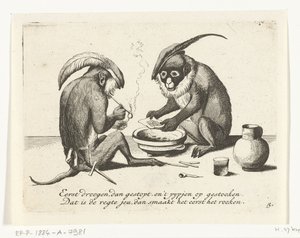 Two Monkeys Smoking a Pipe (Various Occupations of Human Life Represented by Monkeys series) by Anonymous