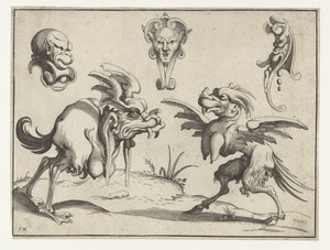 Two Monsters with Three Masks Above (Grotesque Figures)