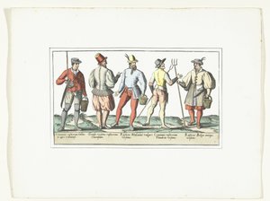 Four Farmers Dressed According to the Current Fashion and One in the Old Fashion, ca. 1580 by Anonymous