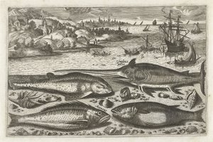 Four fish on the beach (Fish series) by Anonymous