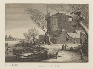Winter Scene of a Building on a Frozen River by Anonymous