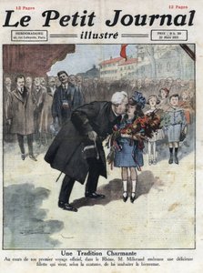 A little girl offers a bouquet in tricolour colours to the President of the Republic Alexandre Millerand during one of his displacements in the Rhone. Illustration taken from 
