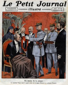 A martyr of science: Marechal Philippe Petain (1856-1951) handed over the great cord of the Legion of Honour to Professor Jean-Alban Bergonie (1857-1925), a French cancer doctor. Engraving. One of the newspaper Le Petit Journal illu