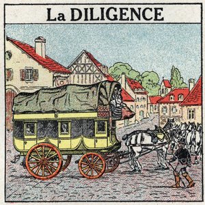 Animal traction: the diligence. Anonymous illustration of 1925. Private collection.