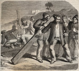 Attempted escape at the Fort of Belle-Ile-en-Mer in the 19th century. Engraving in 