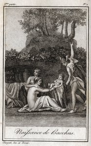 Birth of Bacchus, Son of Jupiter and Semele. Engraving from 1819 in 