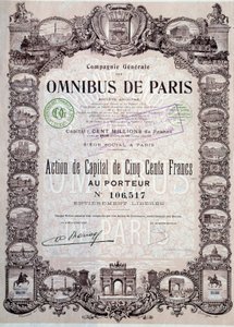 Capital share of 500 Francs in the Paris omnibus, 20th century