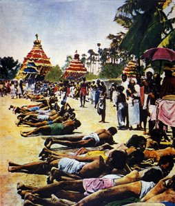 Civil Disobedience Week in India against the British Empire: demonstration led by political leader Mohandas Karamchand Gandhi in Jalaipur in 1931. Illustration from Il mattino illustrato 1931