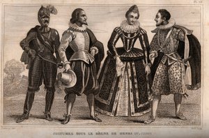 Costumes under the rule of Henry IV (1590). Engraving from 1859 in Le Monde. History of all peoples from the most remote times to the present day by M. E. de Lostalot-Bachoue. Private collection.