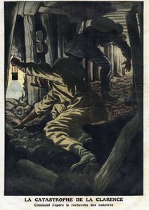 Disaster of the Clarence mine: rescue efforts are trying to recover the bodies of the victims of the firedamp explosion. Illustration taken from Le Petite Journal 22/09/1912 Private collection