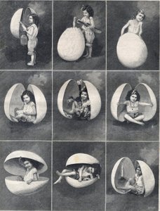 Easter eggs: a little girl in an egg. Engraving in Le Petite Parisien