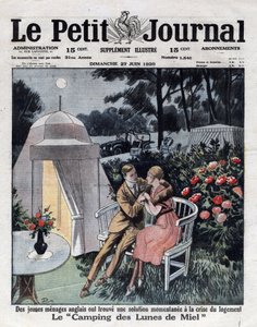 Economy and inflation in England: married couple on a honeymoon campsite created near London to respond to the housing crisis. Cover of Le petit journal of 27/06/1920. Private Collection