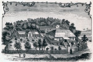 Exterior view of the rectory and school of Hell Ville (Andoany), capital of the island of Nosy Be in Madagascar. Engraving in 