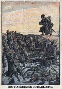 First World War 1914-1918. German soldiers use mannequins in trenches with machine guns to deceive the Russian enemy - In 