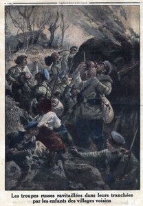 First World War 1914-1918. Russian military troops refueled in their trenches by children from neighboring villages. In Le Petite Journal, on 02/04/1916. Private Collection by Anonymous Anonymous