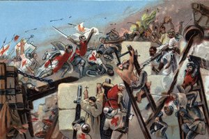 First crusade (1096-1099): the capture of Jerusalem by the crusaders led by Godefroy of Bouillon on 15 July 1099. Advertising chromolithography of Antoine chocolates in Brussels, beginning of the 20th century. Private Collection by Anonymous Anonymous