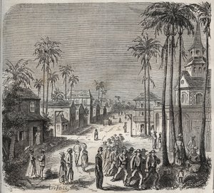 Forcats going to work at the penitencier Saint-Laurent in Cayenne in the 19th century. Engraving in 