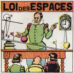 Grainness: law of spaces. Galileo Galilei (1564-1642) observes the movement of a ball on an inclined plane to study the fall of bodies. Anonymous illustration from 1925. Private collection. by Anonymous Anonymous