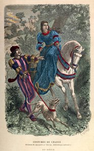 Hunting costumes in the 15th century: young riding woman with her squire