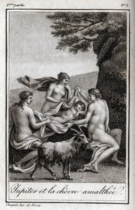 Jupiter child fed by the goat Amalthee. Engraving from 1819 in 
