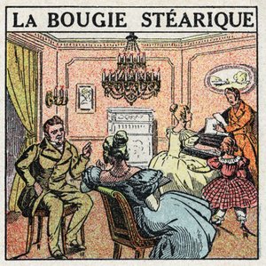 Light sources: the stearic candle used on chandeliers in the 19th century. Anonymous illustration from 1925. Private collection. by Anonymous Anonymous