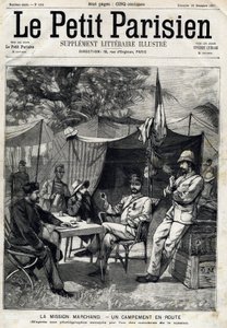 Marchand Mission Camp: Jean-Baptiste Marchand (1863-1934), Captain Baratier on his left and Lieutenant Victor Emmanuel Largeau (1867-1916) and Captain Germain on his right. In Le Petit Parisien on 26/12/1897 by Anonymous Anonymous