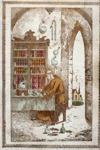 Monk Preparing Plants for Distillation. 19th Century Engraving