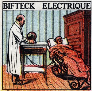 Physiological effects of electricity: electric steak. Care of a patient by passing electricity through his body using bare metal electrodes. Anonymous illustration from 1925. Private collection.