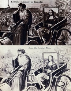Representation of Leonardo da Vinci bringing back his work The Mona Lisa after the theft by Vincenzo Peruggia on 21/08/1911. Comedy postcard by Anonymous Anonymous