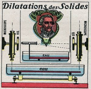Temperature and expansion: expansion of solids studied by Antoine Laurent de Lavoisier. Anonymous illustration from 1925. Private collection