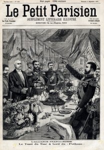 The Franco-Russian alliance: the toast of Tsar Nicholas II (1868-1918) in honor of the French president Felix Faure (1841-1899) aboard the Pothau. In Le Petit Parisien on 5/09/1897