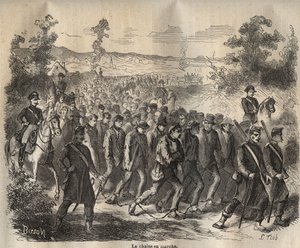 The chain started at the Toulon Bagne in the 19th century. Engraving in Histoire des bagnes depuis leur création à nos jours (1877) by Pierre Zaccone. Private collection. by Anonymous Anonymous