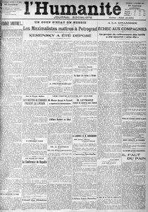 The coup in Russia on the headlines of the socialist newspaper Humanity. Headlines: The Masters Maximalists in Petrograd, Kerensky was deposited, The 9/11/1917 by Anonymous Anonymous
