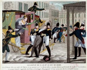 The death of Charles Ferdinand de Bourbon, Duke of Berry (1778-1820) 13/02/1820 at the exit of the Royal Academy of Music. The nephew of King Louis XVIII was assassinated at the Opera by Louvel, a republican who wanted to shut down the royal dynasty. (engr