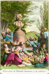 The education of man begins at his birth: mothers with their children, alongside a bust in tribute to the Swiss philosopher Jean Jacques Rousseau (1712-1778). Engraving of the 18th century by Anonymous Anonymous