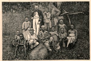 The explorer Pierre Savorgnan de Brazza (1852-1905) and a group of indigenous people from the Apostolic Vicariate of the Two Guineas in Gabon. Engraving in 