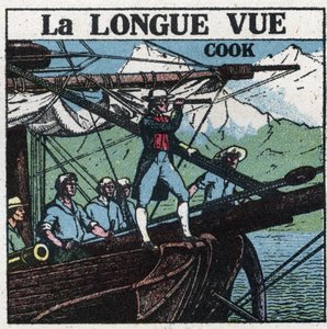 The first optical instruments: Captain James Cook at the bow of his boat, observes the southern lands at long sight. Anonymous illustration from 1925. Private collection. by Anonymous Anonymous