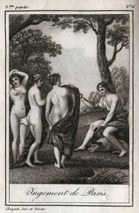 The judgment of Paris. The shepherd Paris must choose who he will give the golden apple to designate the most beautiful of the three goddesses, Athena, Aphrodite or Hera. Engraving from 1819 in Lettres a Emilie sur la mythologie by Charles Albert Demoustie