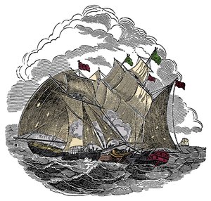 The ship of the pirate Henry Every attacked in September 1695 the fleet of the great Mughal Aurangzeb off Surate, India (engraving from 