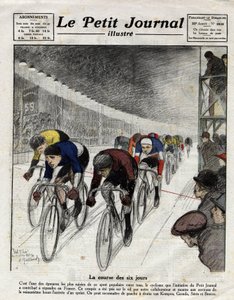 The six-day race: Piet van Kempen, Alfred Grenda, Seres and Maurice Brocco during the sprint. Engraving in Le Petit Journal illustre, on 16/04/1922 by Anonymous Anonymous